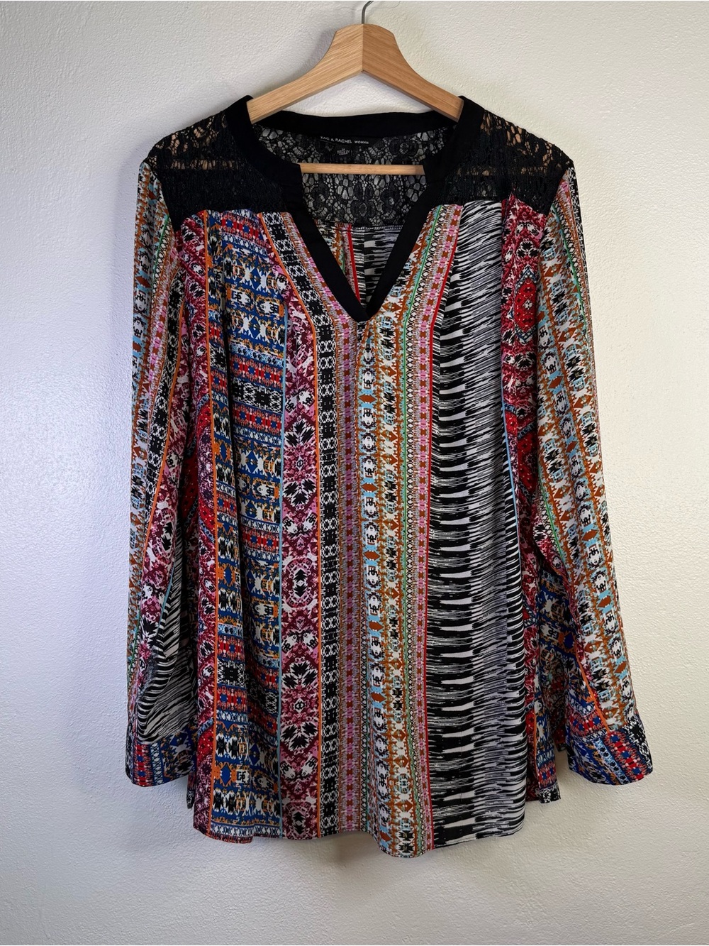 Zac & Rachel Boho Colorful Mixed Media Patterned Roll Tab Blouse Women’s Size 1X